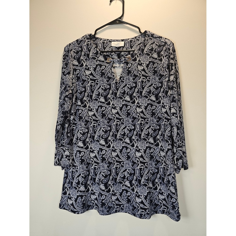 Magnolia Grace Navy Paisley Tunic Top Gold Keyhole Blouse 3/4 Sleeve Medium